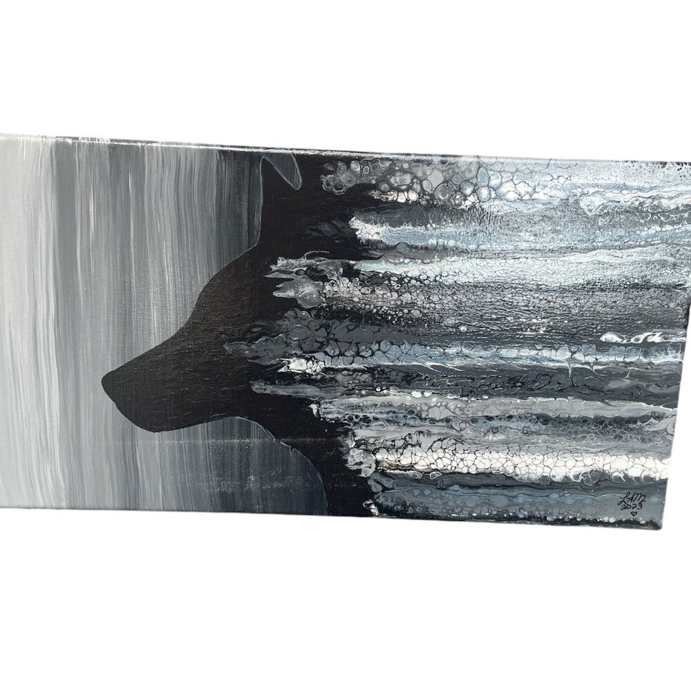 Abstract Wolf Silhouette Canvas Art Acrylic Pour Painting Grey Signed LAM